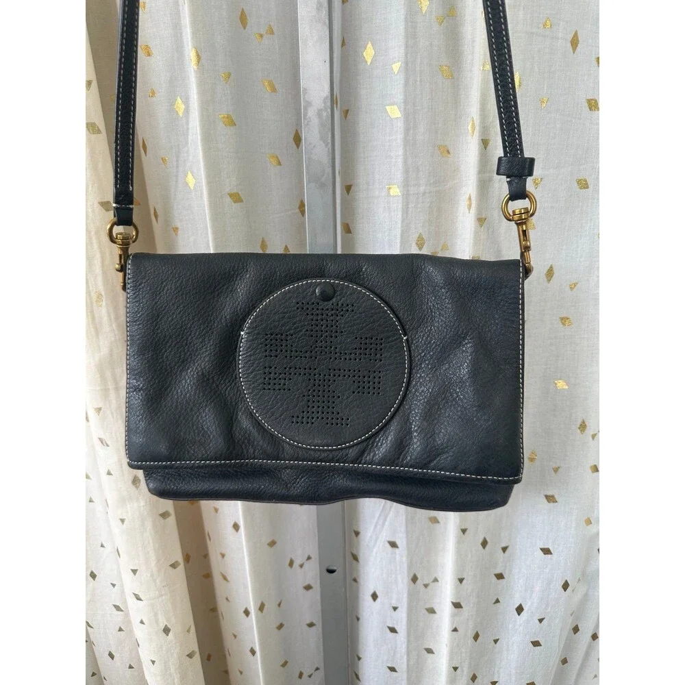Tory Burch Perforated Logo Pebbled Leather Fold Over Magnetic Snap Crossbody